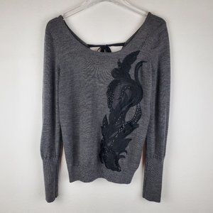 Angel of the North anthropologie grey wool lace embroidered sweater M boho